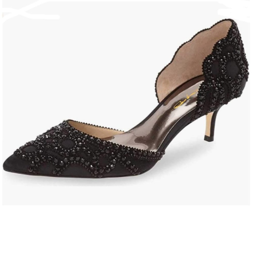 XYD Black Pointed Toe Low Heel D'Orsay Rhinestone Pumps